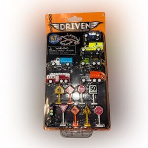 Nwt driven 57 piece road sign and vehicle set